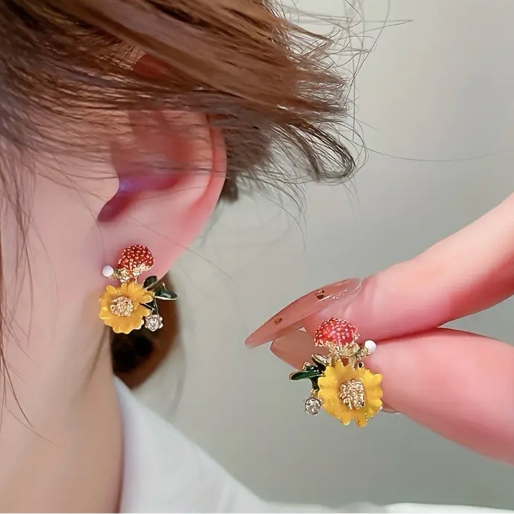 New! Rhinestone Decor Orange Sunflower Stud Earrings